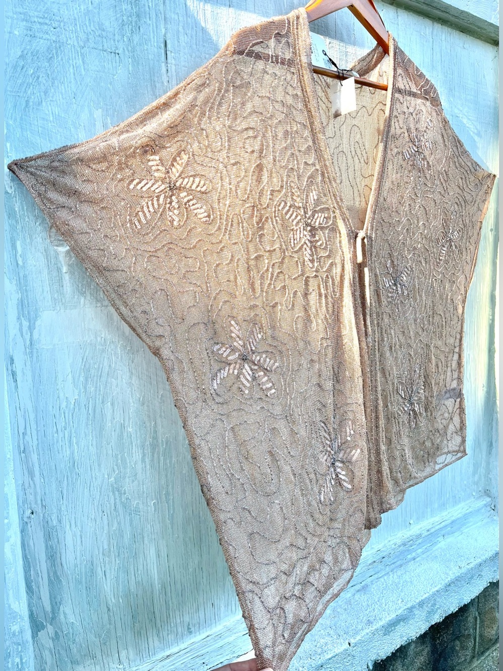 Zara Sequin Beaded Embroidered Kimono Blouse Kaftan Sheer Beige Pink Med - Large - Picture 12 of 16